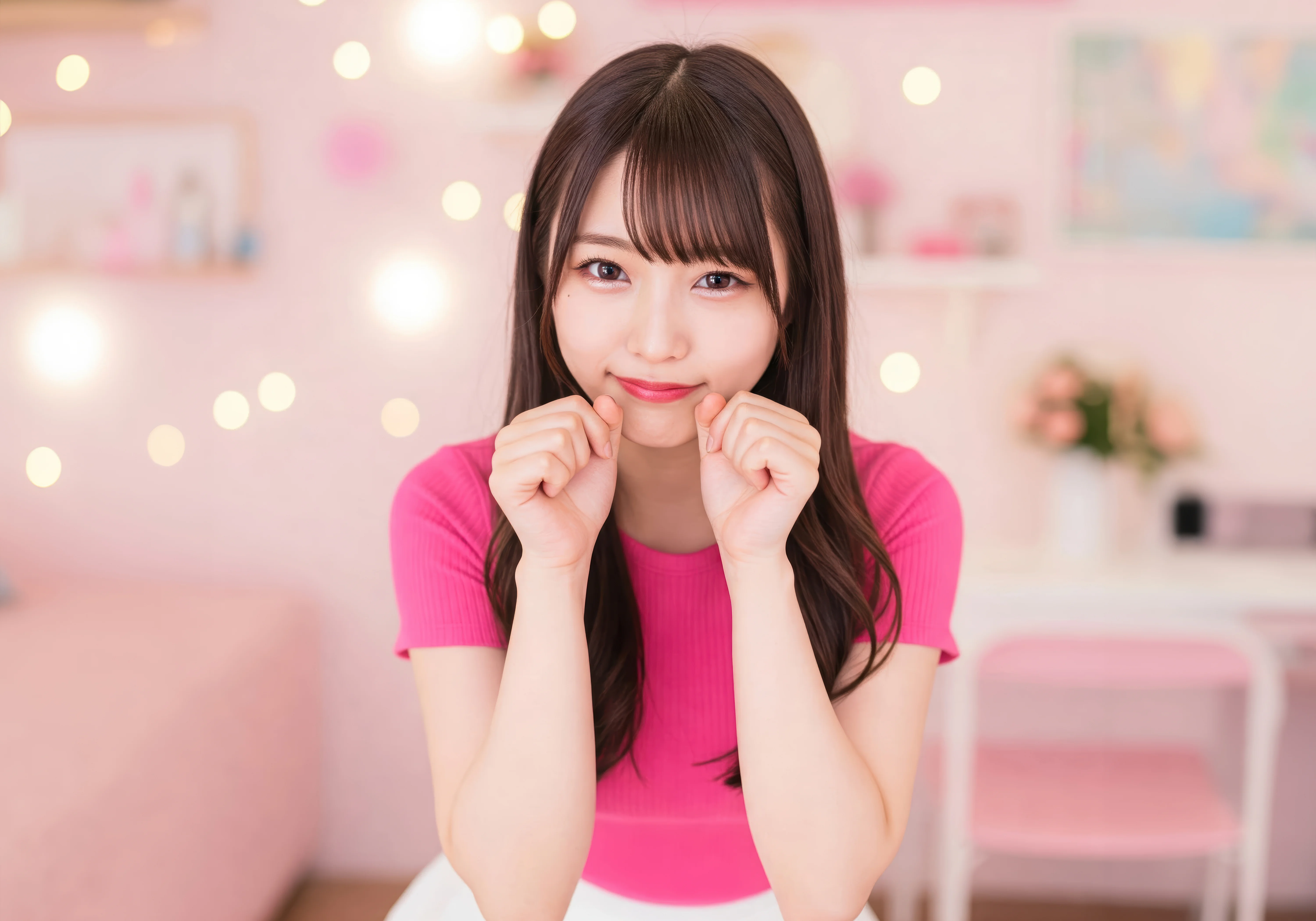 ピンクのトップスを着て在宅ワークをする女性